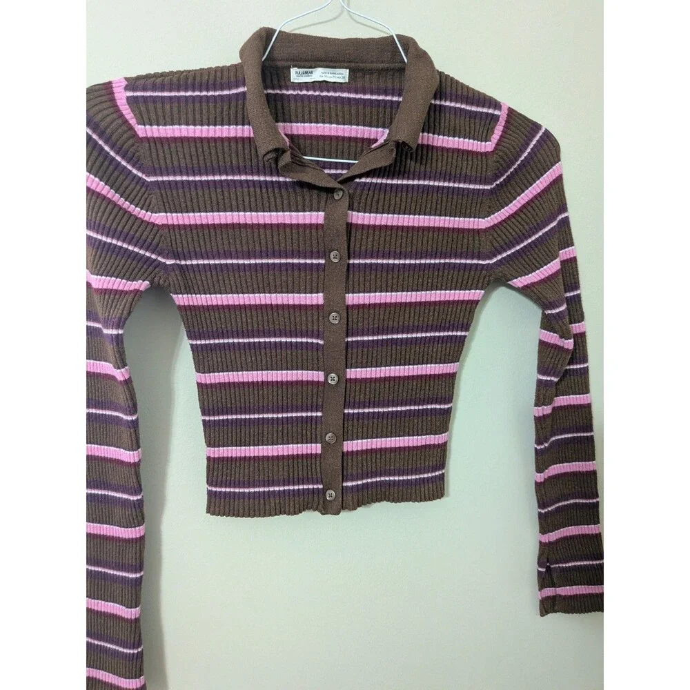 Y2K Brown & Pink Striped Ribbed Knit Polo Cardigan Crop Top